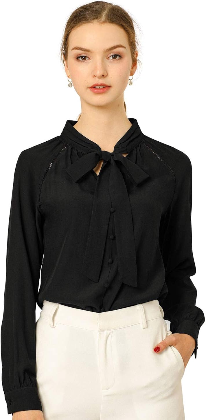 Allegra K Women's Work Office Shirt Long Sleeve Button Decor Bow Tie