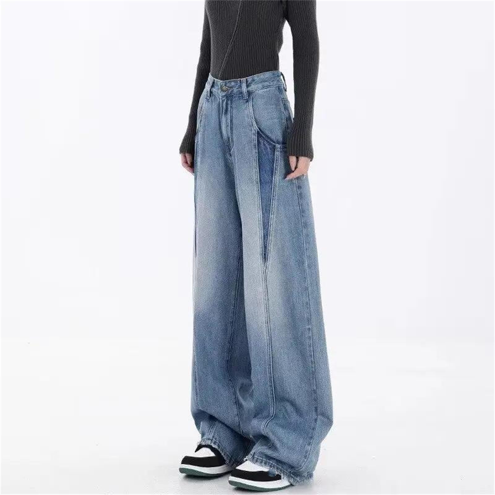 Pantalones vaqueros de pierna ancha para mujer, diseño de retazos, ajuste holgado, rectos, casuales, estilo urbano