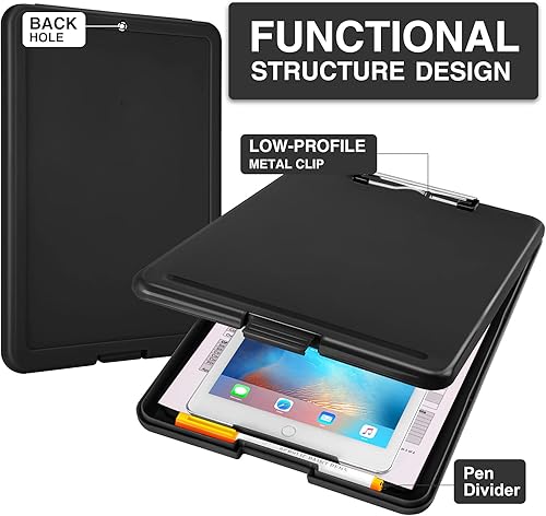 Miniatura 3 de Sooez - Portapapeles con almacenamiento, de plástico con clip de perfil bajo, resistente, plegable, cubierta impermeable para portapapeles, tamaño