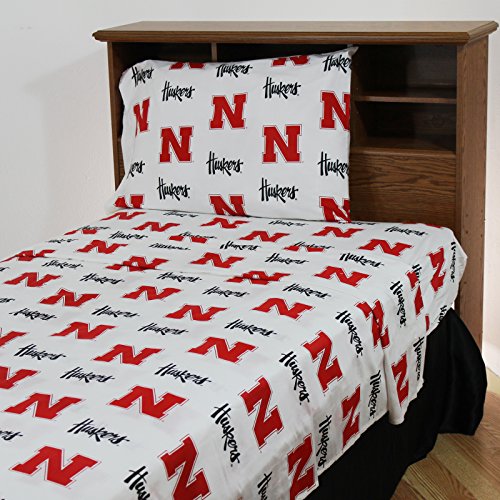 College Covers Everything Comfy Nebraska Cornhuskers Full Sized 4 Piece Sheet Set, White Color Background, 1 Flat Sheet, 1 Fitted Sheet, 2 Pillowcases
