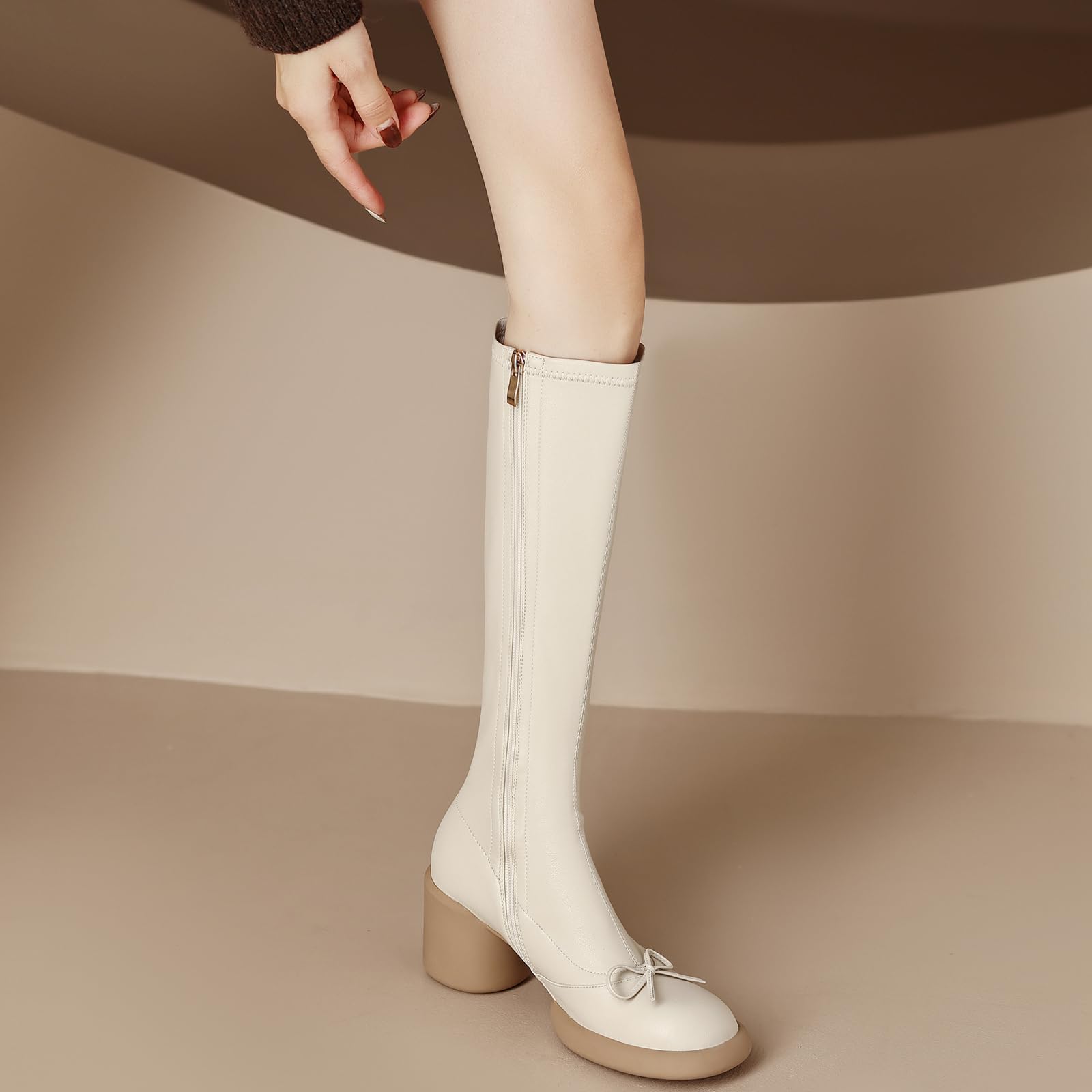 Botas altas de cuero para mujer tacón de bloque rodilla botas de montar con cremallera