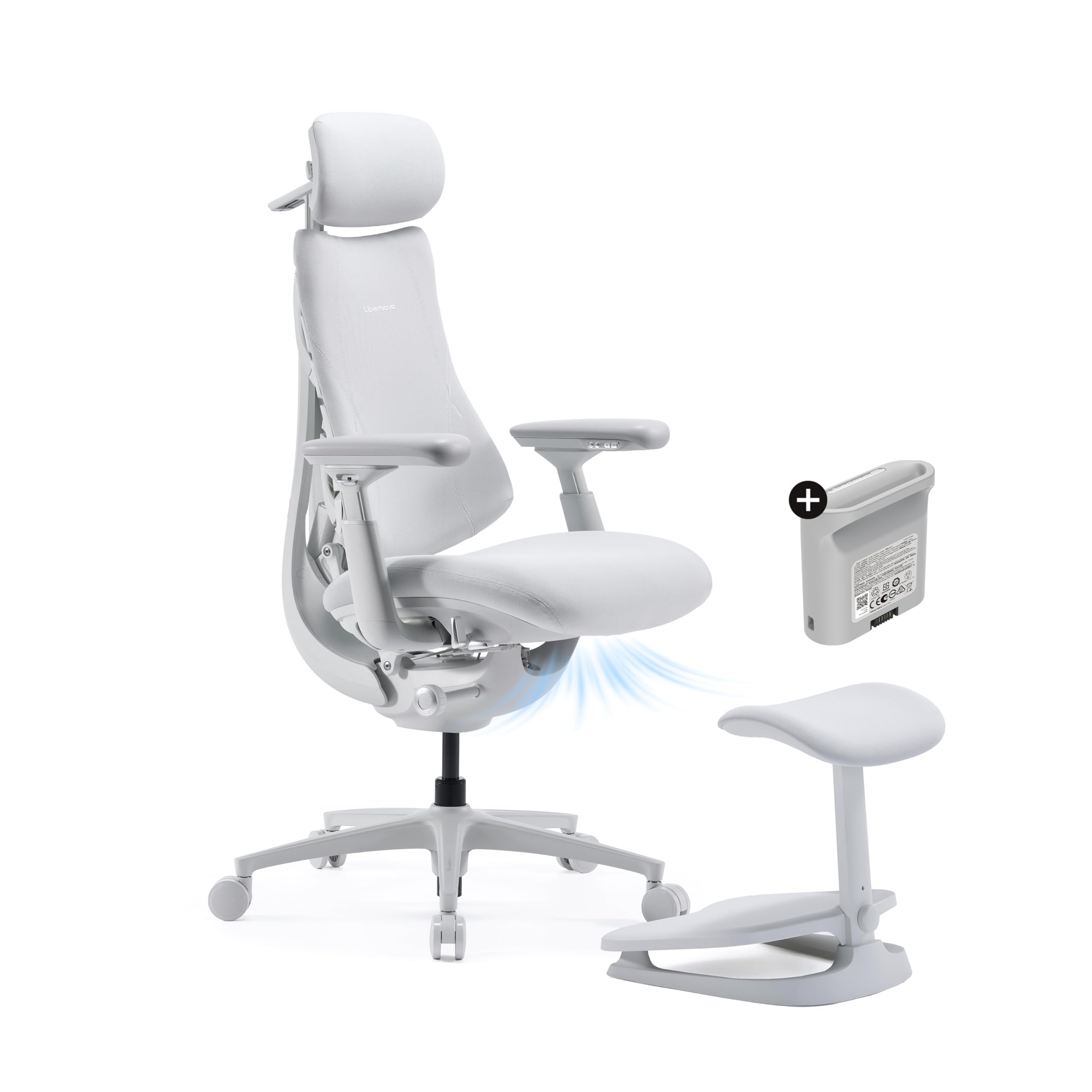 LiberNovo PRO Airflow Bürostuhl Ergonomisch mit Fußstütze und Akku, Aktive Airflow Sitzbelüftung, 2 Lüfterstufen für Kühlung, 5 Liegepositionen und integrierte Wirbelsäulenstreckung, Gletscher 48cm