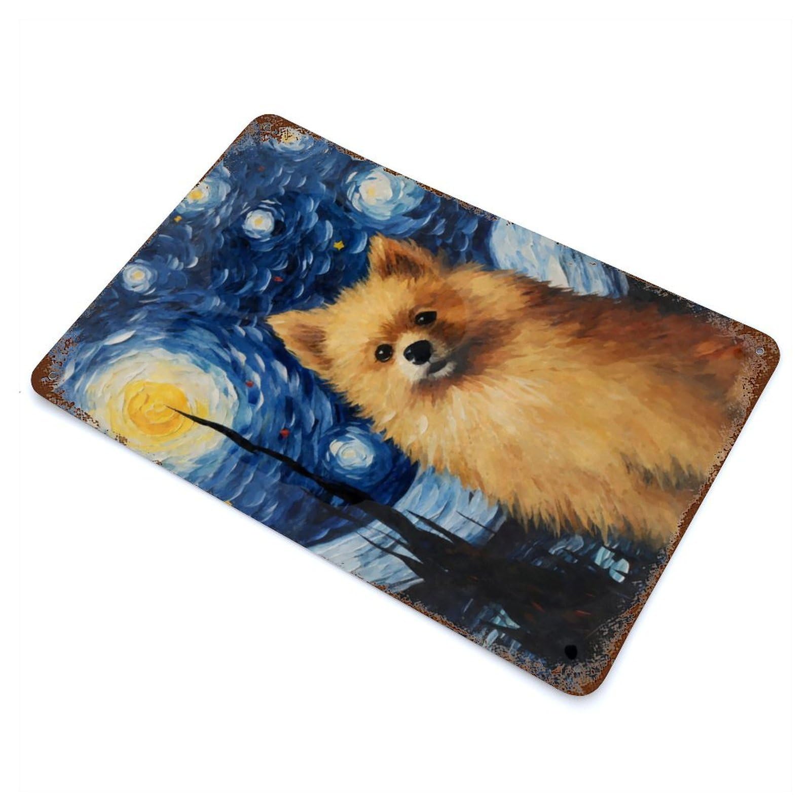 Garage Style Pomeranian Starry Night Vintage Rust Metal Sign 11.8"x7.9", Retro Wall Decor for Bar And Workshop