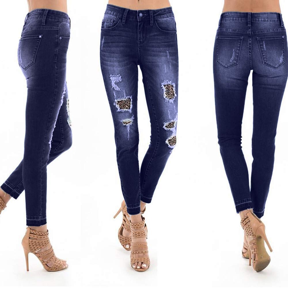 TnaIolr Women Pant Autumn Elastic Shredded Leopard Print Denim Plus Jeans
