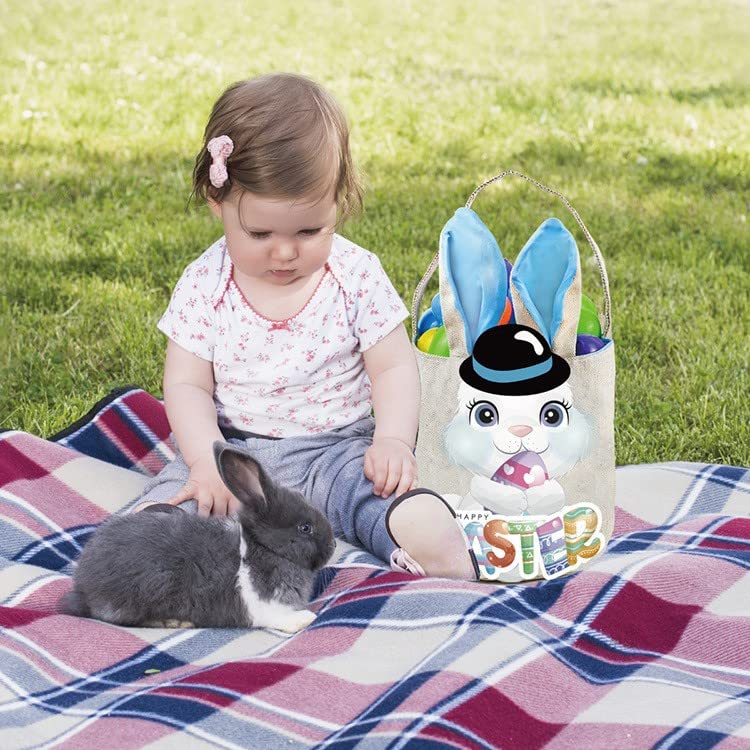 Image of PADELO Easter Basket for Kids, Cute Easter Bucket Stuffers Bags with Bunny Ears for Easter Eggs Hunting, Easter Party Decorations, Candy Gifts Storage, Blue Easter Baskets