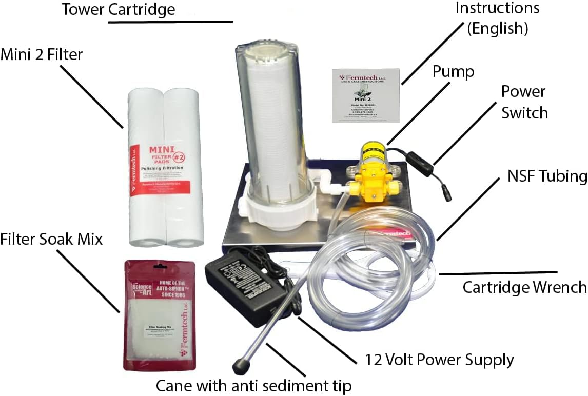Fermtech Mini 2 Home Pro 10 Inch Cartridge Single Liquid Filter System, Stainless Steel Wine Beer Mead Kombucha Filter Machine, Mini Jet Hydraulic Filtering Filtration Technology No Spill System
