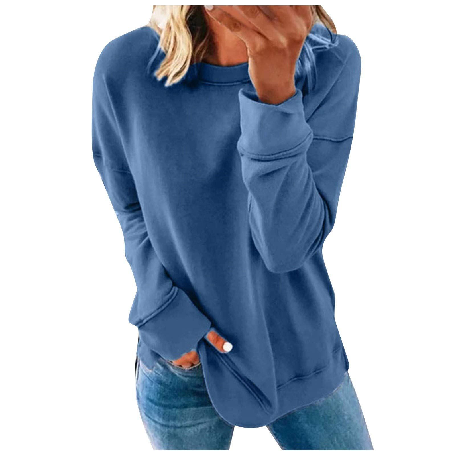 Womens Oversized Sweatshirt Casual CrewNeck Long Sleeve Pullover Tops Fall Comfy Lightweight Sweatshirts Solid Color