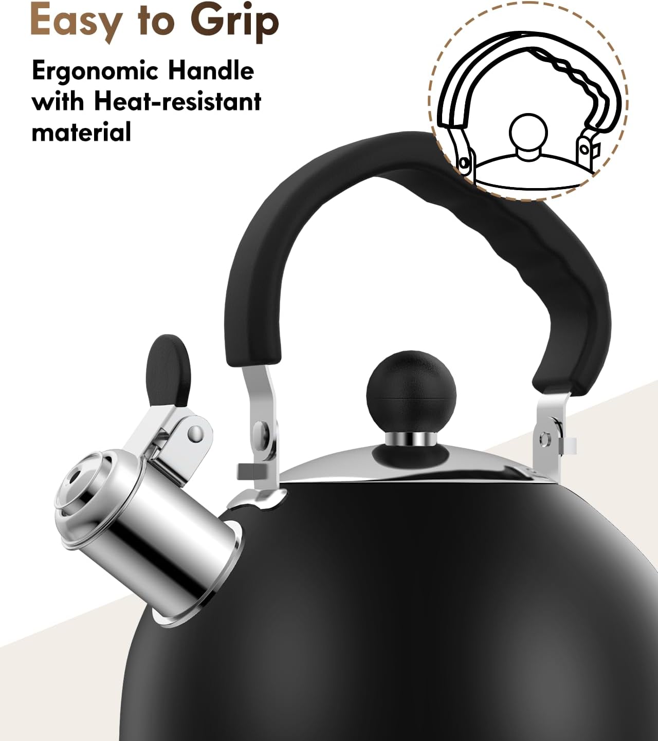 Premium Stainless Steel Tea Kettle for Stove Top - 2 Quart Classic Stovetop Teapot, Loud Whistle Kettle with Ergonomic Handle - Ideal for Hot Water & Tea,Coffee & Kitchen Decor(black)