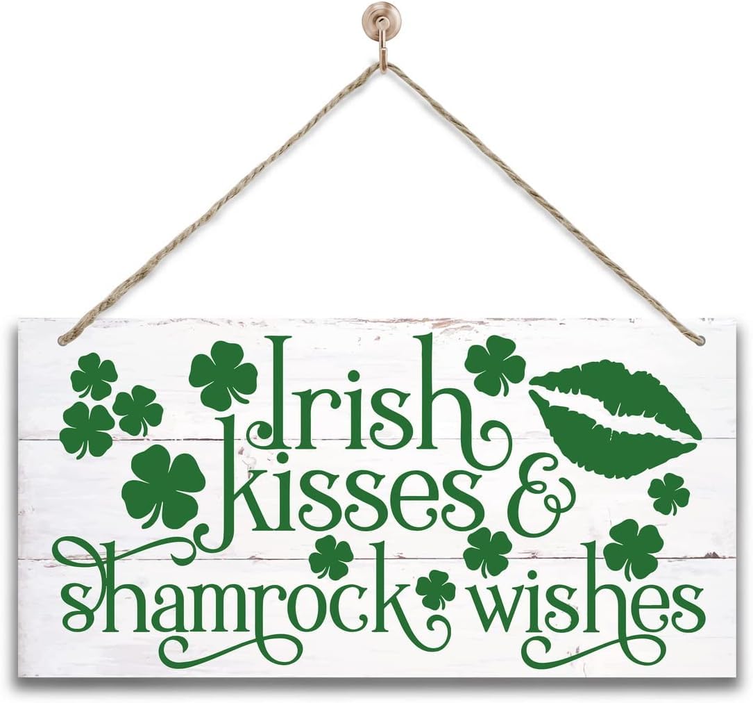 Funny St. Patrick’S Day Wooden Decor - 12X6 Inch Irish Kisses & Shamrock Wishes Sign, Rustic Home Decor for St. Patrick’S Day Celebrations