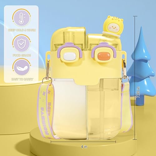Miniatura 5 de Botella de agua Kawaii de 26 onzas con pajilla, diseño de doble bebida, a prueba de fugas, bloqueo múltiple, patrón de dibujos animados 3D, bota de