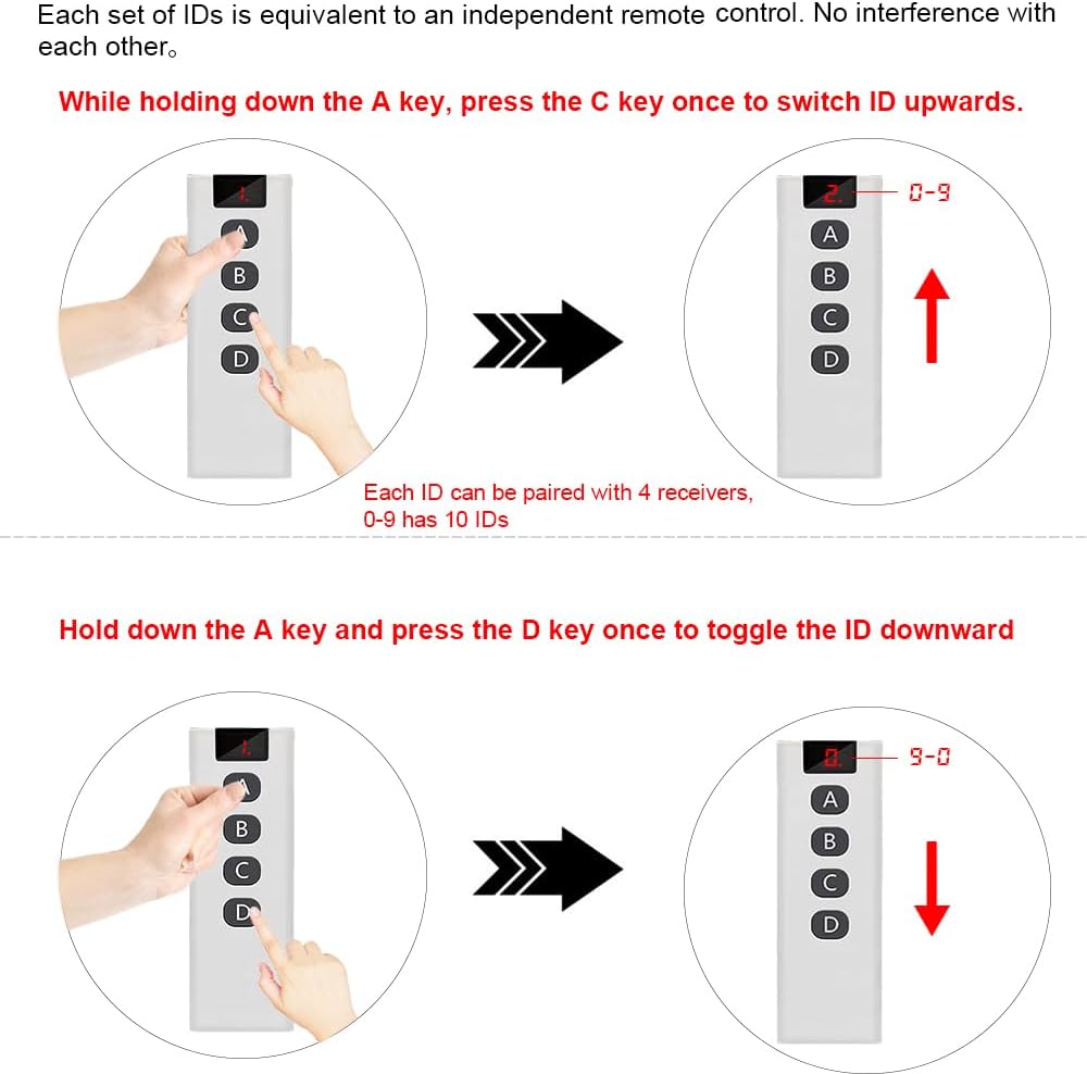 Diagram showing how to switch IDs on the 10-in-1 remote control: holding A and pressing C to increment, and holding A and pressing D to decrement.