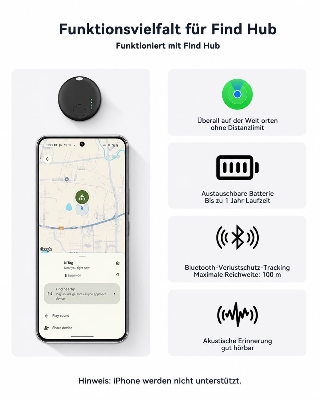 Hunde Tracker für Android, kompatibel mit Google „Mein Gerät Finden“, Bluetooth GPS Smart Tag ohne SIM-Karte & ohne ABO, Hundetracker mit IP67 wasserdichter Silikonhülle für Hundehalsband