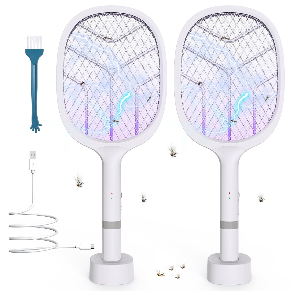 URSICO Electric Fly Swatter 4800V - 2 Pack Bug Fly Zapper 2000mAh Rechargeable Racket Mosquito Killer with Charging Base for Indoor Outdoor, Electric Fly Killer for Mosquitoes, Flies, Bees, Moths