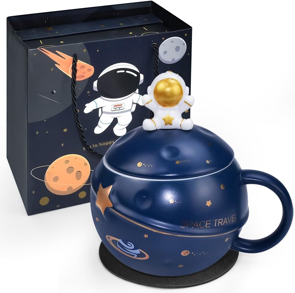 Yalucky Kawaii Astronaut Cup Space Reliëf Planeet Mok, Leuke Keramische Koffiemok, Nieuwe Mok met Deksel en Lepel voor Koffie, Thee, Melk, Esthetische Kamerdecoratie Grappig Cadeau Verjaardag voor