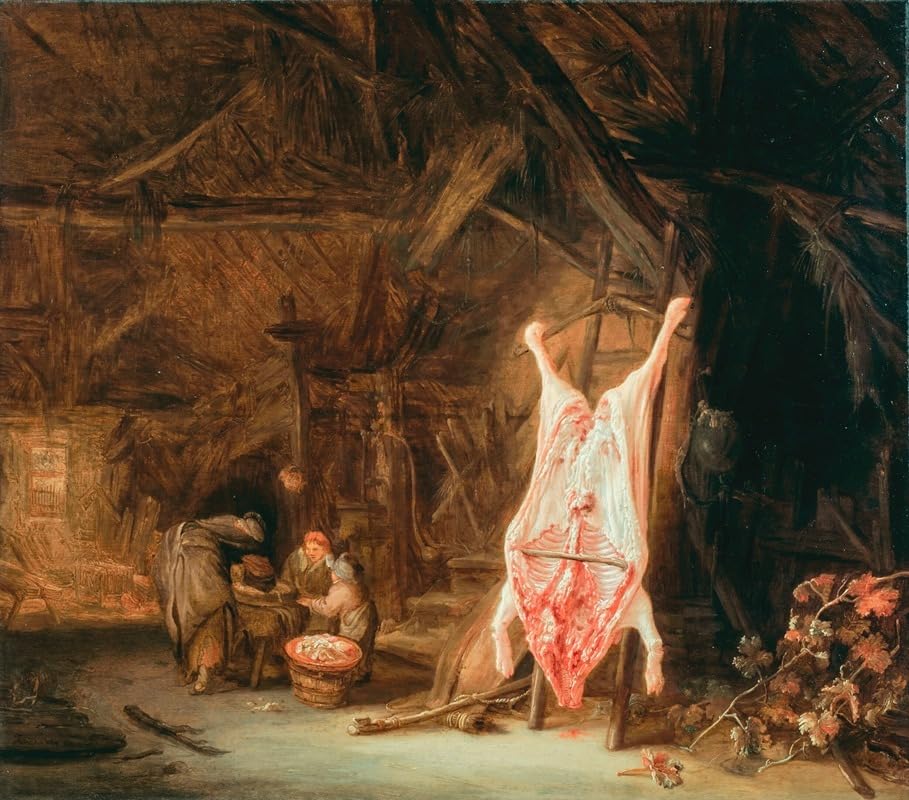 Wnętrze stodoły z ubitą świnią kobietą przygotowującą mięso i dwójką dzieci poza domem (1641) plakat wydruk Isaaca van Ostade'a (24 x 36)