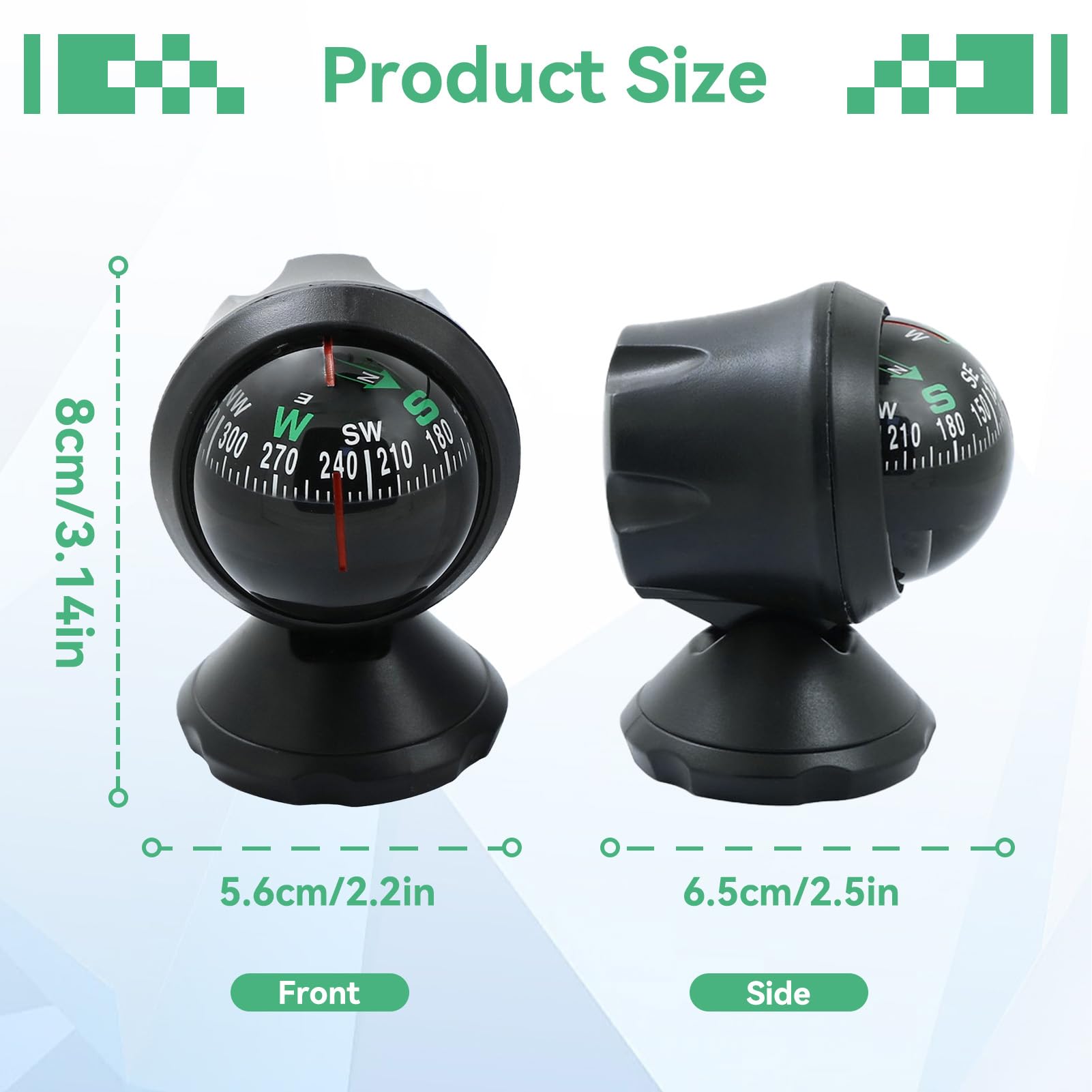 Car Guide Compass, Black Electronic Adjustable Ball Night Vision Compass Navigation Hiking Direction Pointing Guide with Bottom Double Sided Tape for Auto Boat Vehicle