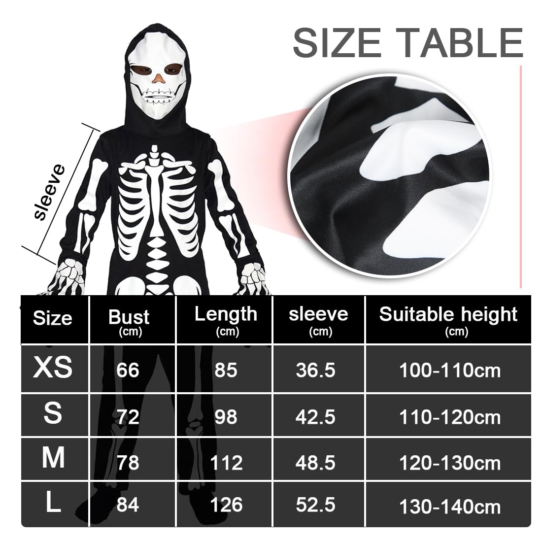 Bluelves Costume da Scheletro per Bambini, Unisex Halloween Carnevale, Travestimento Horror Con Ossa, Vestiti Bambino