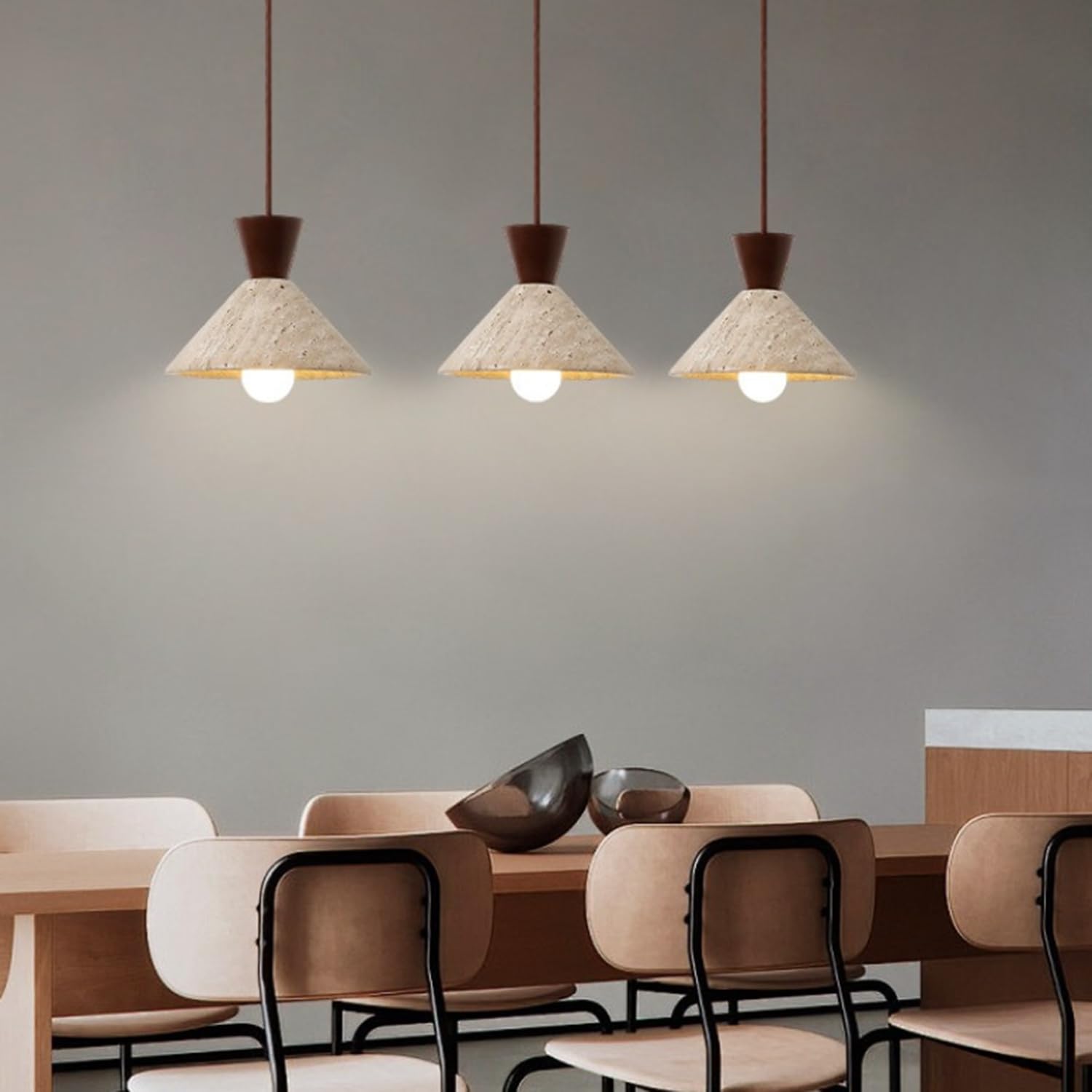 Lampy Wiszące Z Trawertynu Z Drewnianą Lampą Wiszącą Do Sypialni | polerowany Trawertyn Z Mlecznobiałym Szklanym Kloszem, Podstawa E27 Industrialny Klasyczny Kuchni Salonu, Baru I Przedpokoju