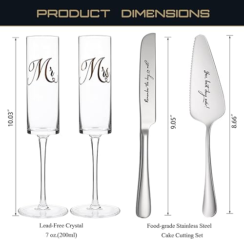 Miniatura 6 de Wedding Gifts for Bride and Groom, Mr and Mrs Champagne Flutes, Bridal Shower Gifts, Engagement Gift, Wedding Toasting Glasses with Cake Cutting Set