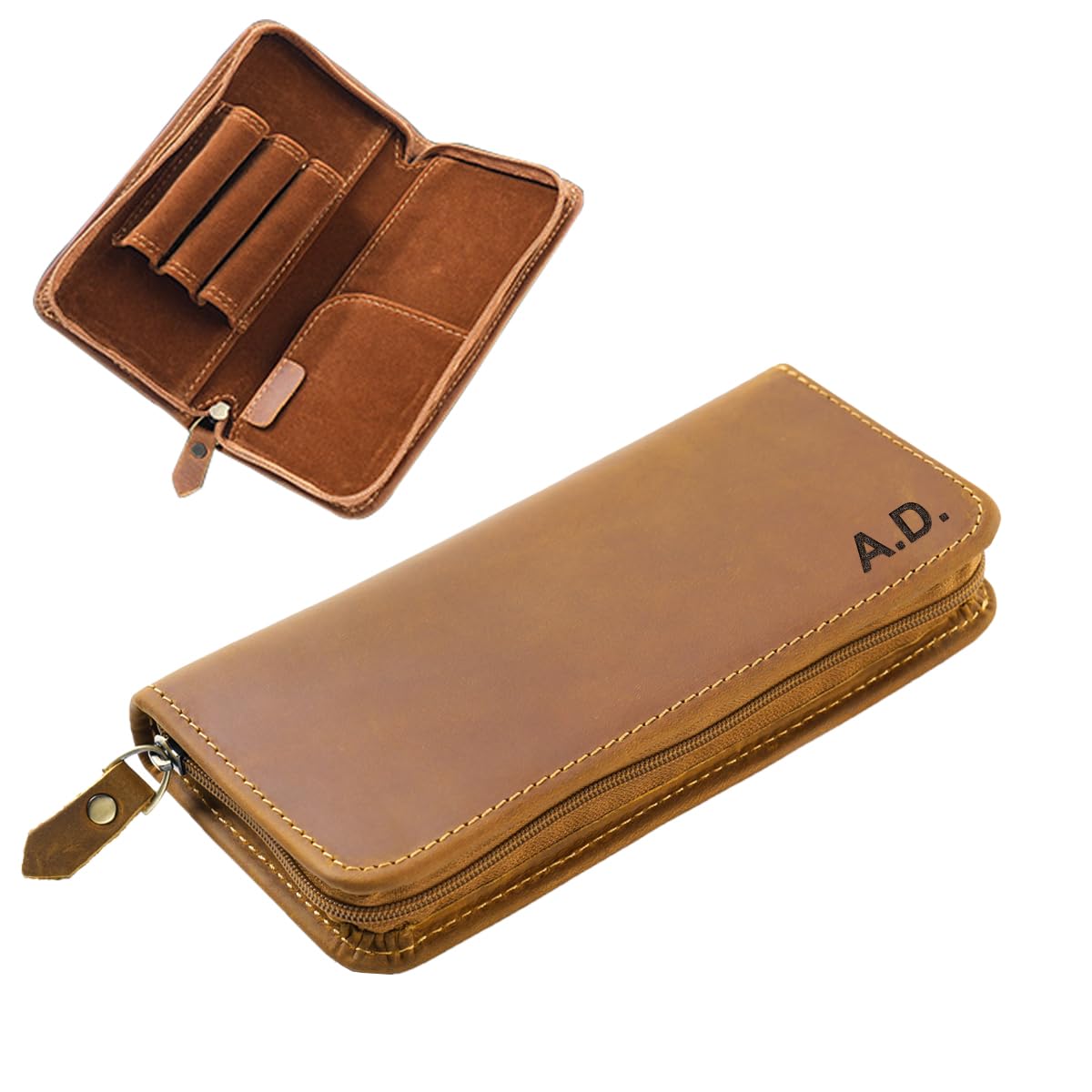 EURYNOME Personalised Vintage Zippered Pen Case Leather Pencil Case,Genuine leather Shockproof Fountain Pen Holder 3 Divided Slots,Portable Storage