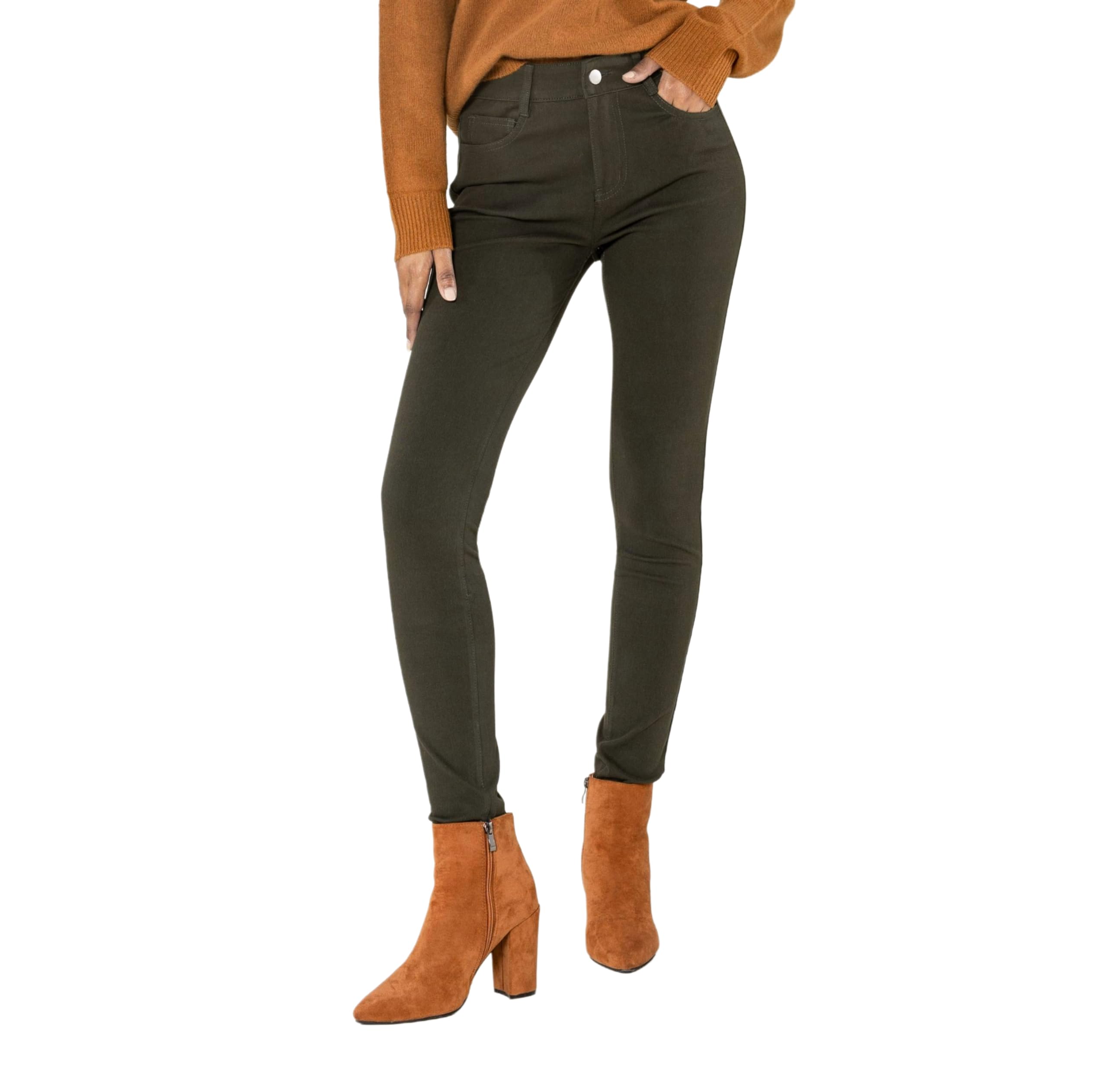 Pantalon Jeggings Nina Carter – Coupe Skinny Taille Haute – Stretch élastique – Fermeture éclair Et Bouton – Couleur Marron – Taille Haute Avec Poches
