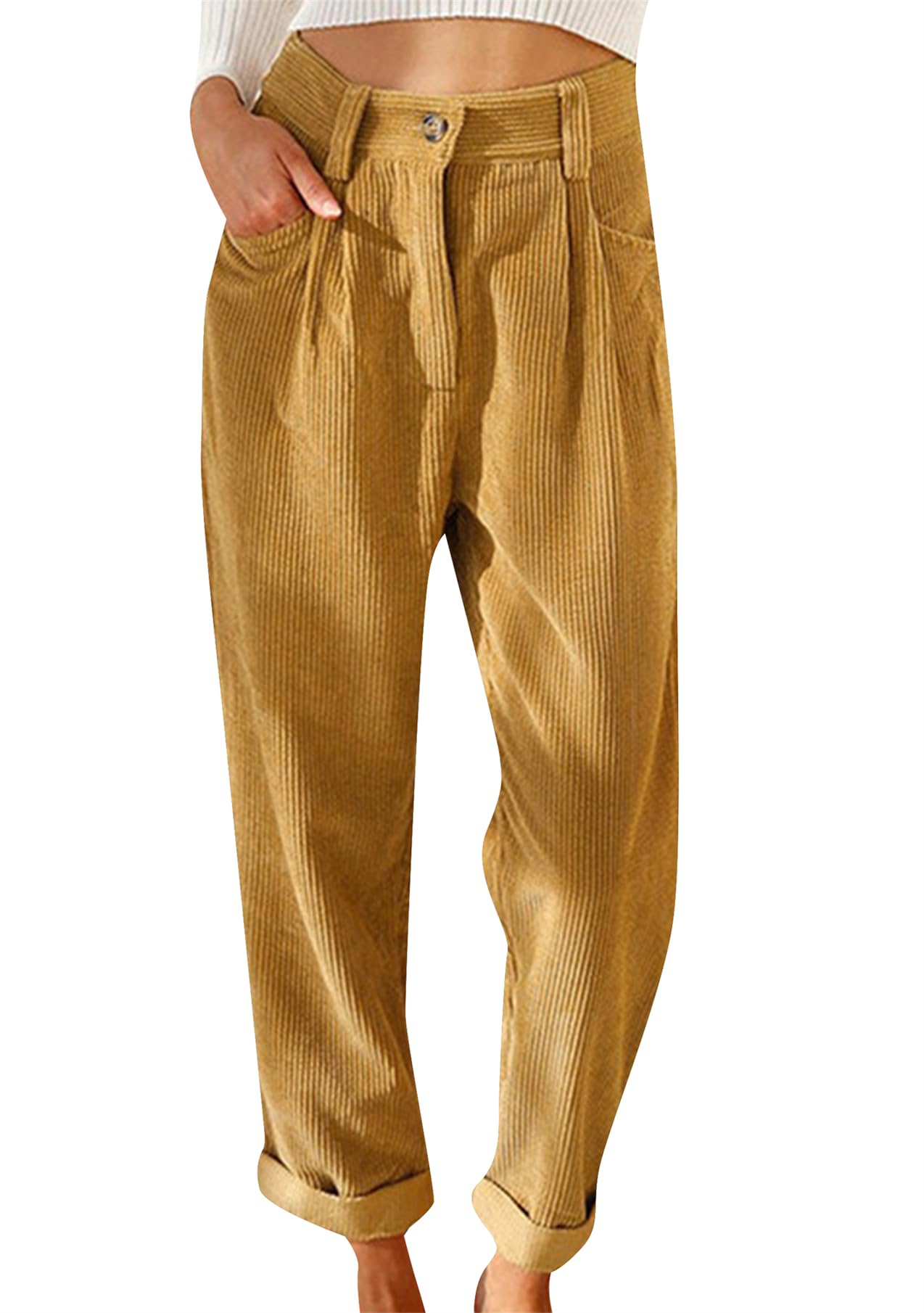 EFOFEI Womens Corduroy Autumn Pants Vintage Work Slim Fit Trousers Casual High Waist Slacks