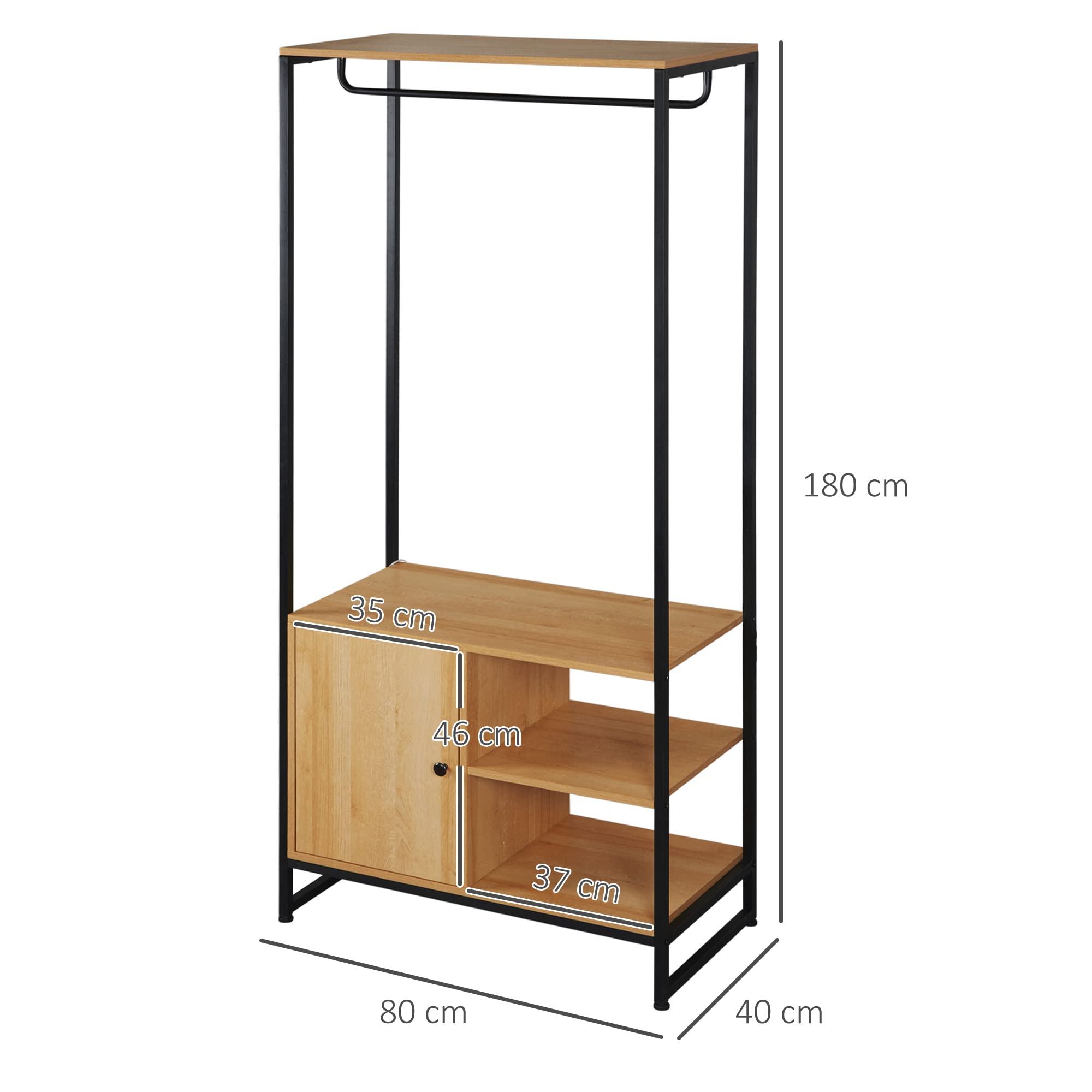 HOMCOM Appendiabiti con Struttura in Acciaio e Legno Stile Industriale, Armadietto con Ripiano Interno e 2 Vani Aperti Laterali, 80x40x180cm, Naturale