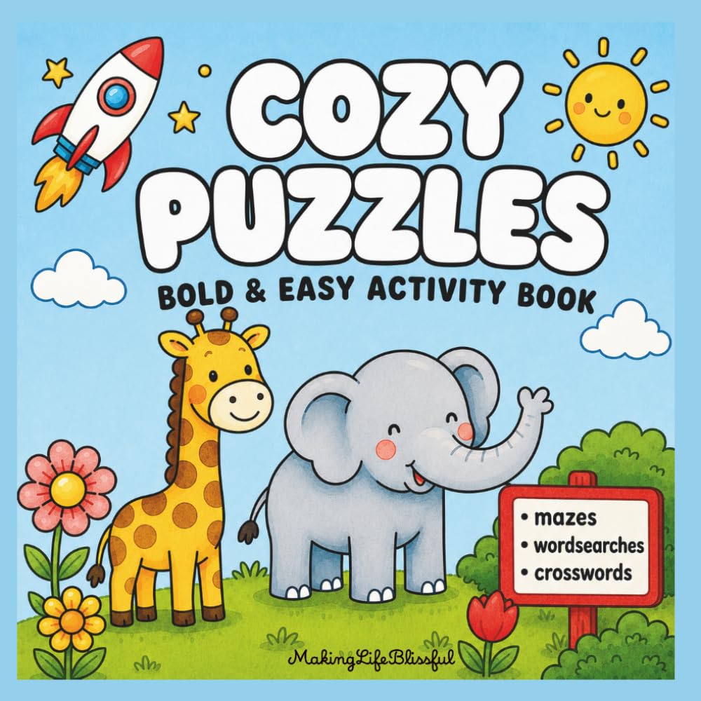 Cozy Puzzles: Bold & Easy Activity Coloring Book Featuring Mazes, Crosswords, Spot the Difference, Wordsearches, Doodle and Coloring Pages