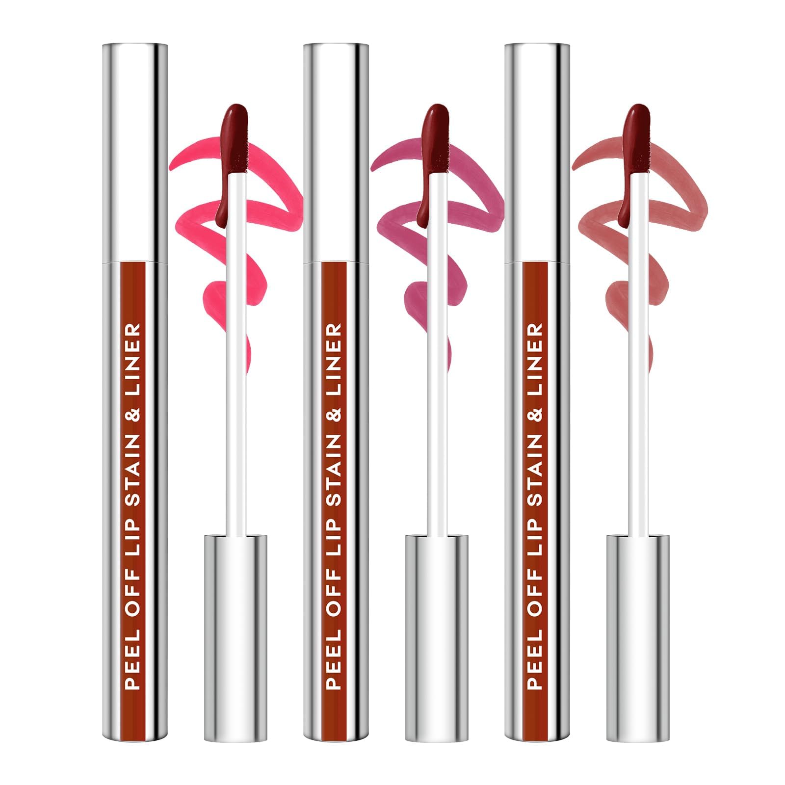 3Pcs Lip Stain Peel Off Set, Peel Off lip Liner Stain Long Lasting Waterproof, Matte Lip Tattoo Tint Transfer Proof, Highly Pigmented Color Lip Makeup(#01+02+03)