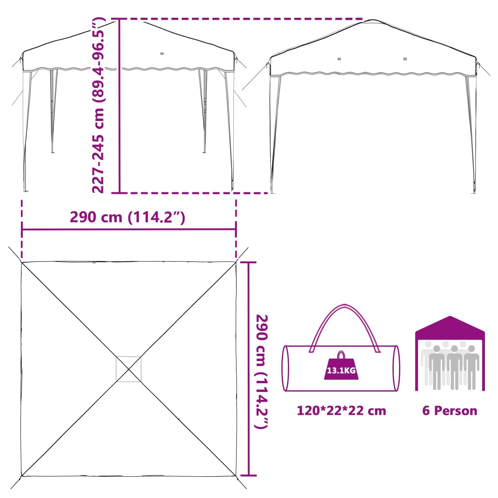 Namiot imprezowy Pop-up bordowy z tkaniny Oxford, 288 x 288 x 245 cm, z ochroną UV i odporną na warunki atmosferyczne metalową ramą, do ogrodu, na taras, kemping i imprezy