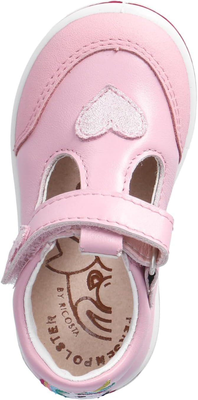 RICOSTA Pepino Odile Girls Shoes Light Pink Leather T-Bar with Unicorn and Heart Detail