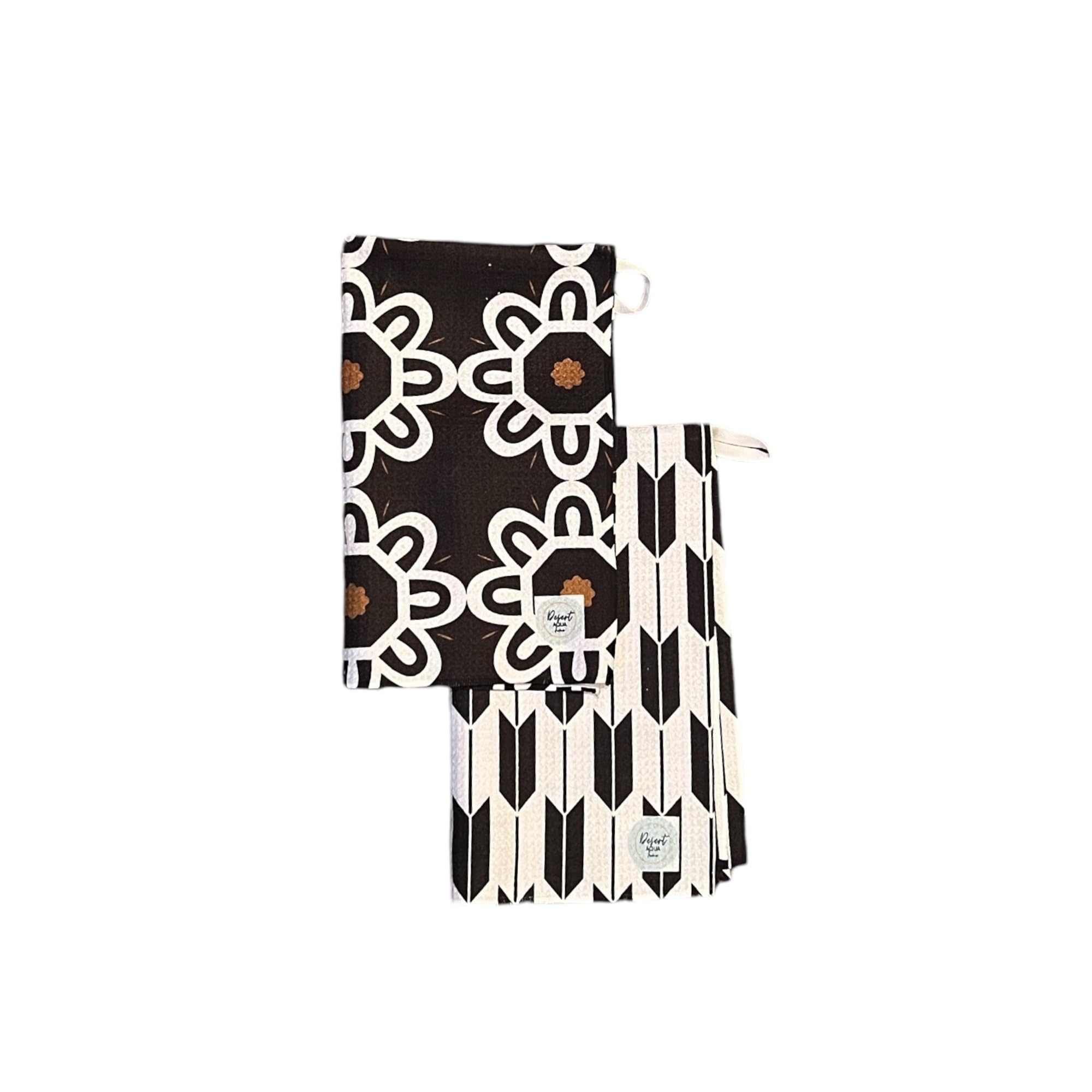 Paquete de 2 Toallas de Cocina de Doble Cara || Toallas de Cocina || Secado rápido || Impresiones de diseñador || Altamente absorbentes || Gancho para Colgar (Negro)