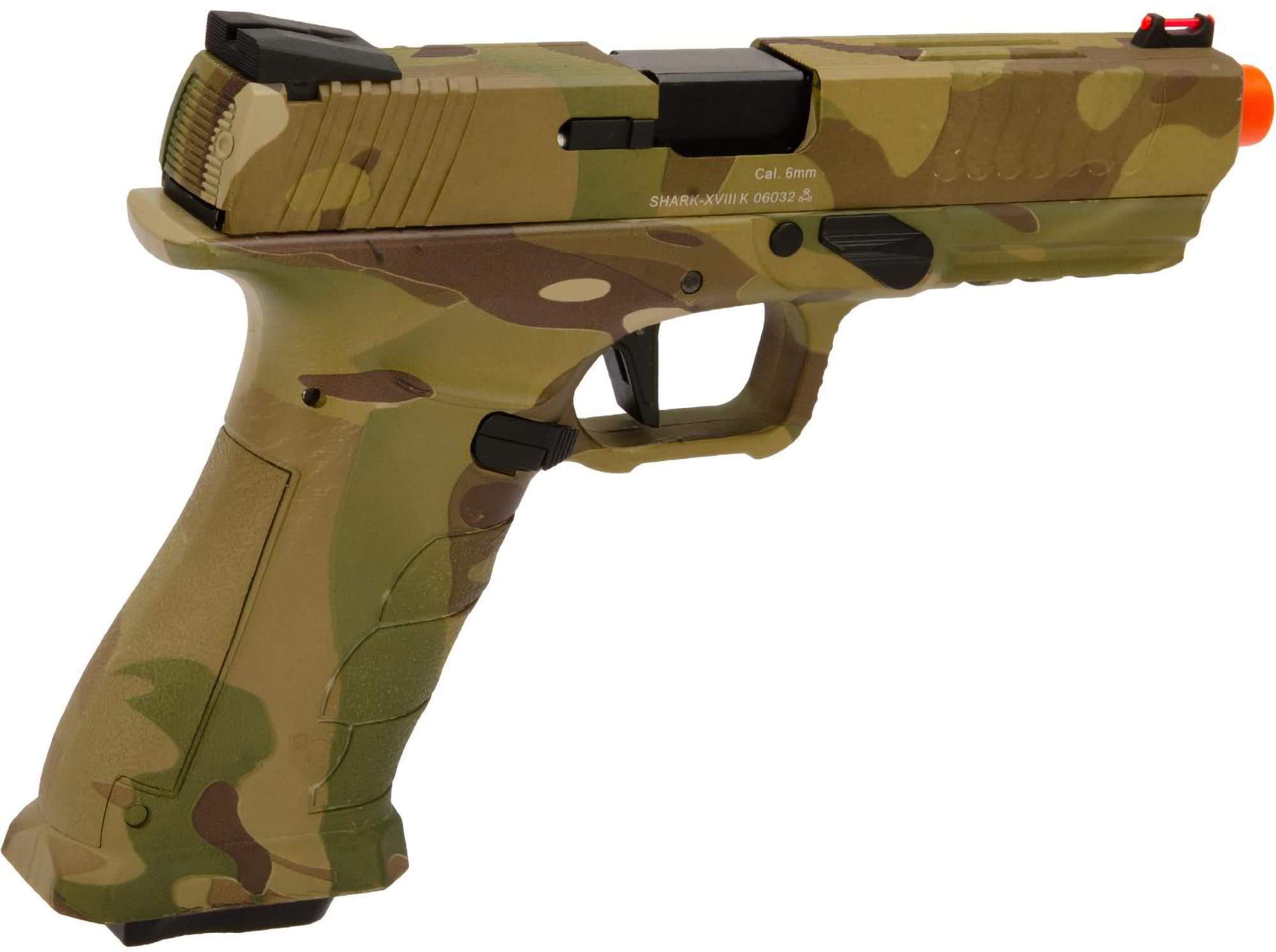 Evike Airsoft - APS XTP Shark Full Automatic Select-Fire Metal Co2 Gas Blowback Airsoft Pistol (Color: Multicam/Standard Handle / CO2)