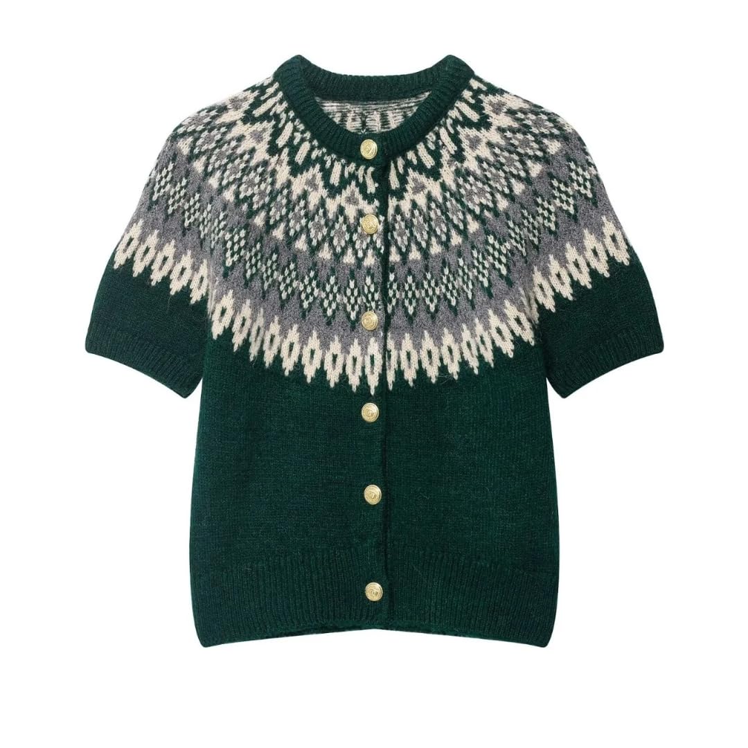 Women Short Sleeve Jacquard Sweater Cardigan Vintage Short Knitted Jacket Casual Versatile Knitted Street Top