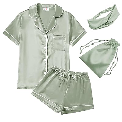 4Pcs Womens Satin Silky Pajama Sets Short Sleeve Shirt XS-4XL Floral Pajamas Set Soft PJ Loungewear Sleepwear