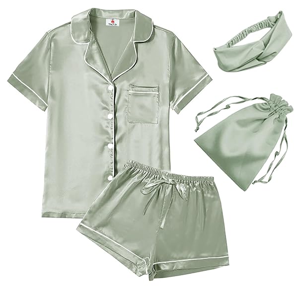 4Pcs Womens Satin Silky Pajama Sets Short Sleeve Shirt XS-4XL Floral Pajamas Set Soft PJ Loungewear Sleepwear