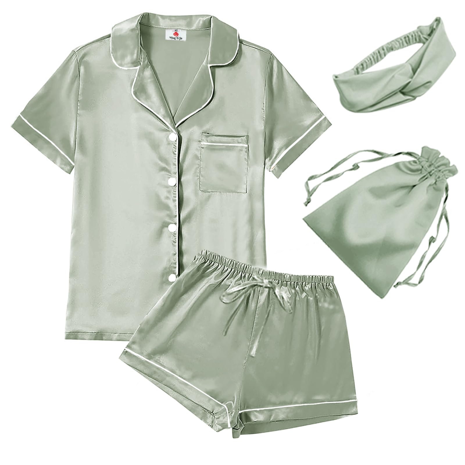 4Pcs Womens Satin Silky Pajama Sets Short Sleeve Shirt XS-4XL Floral Pajamas Set Soft PJ Loungewear Sleepwear