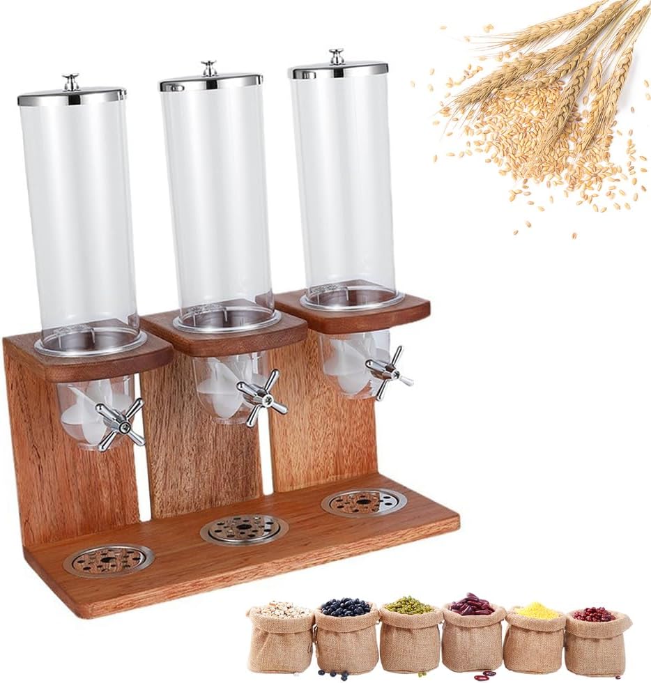 Three Barrel Easy Clean Cereal Dispenser, Cereal Containers Storage Dispenser with Wood Base, Can Hold Oatmeal, Candy, Snack, Grain, Pet Food,10.5L