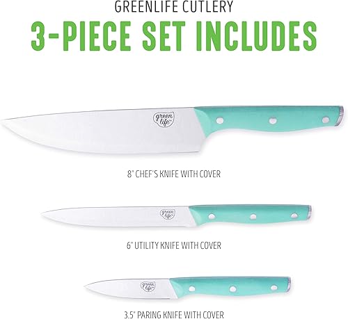 Miniatura 5 de GreenLife Juego de cuchillos de 3 piezas de acero inoxidable de alto carbono con cubiertas, incluye utilidad de chef y emparejamiento, asas de