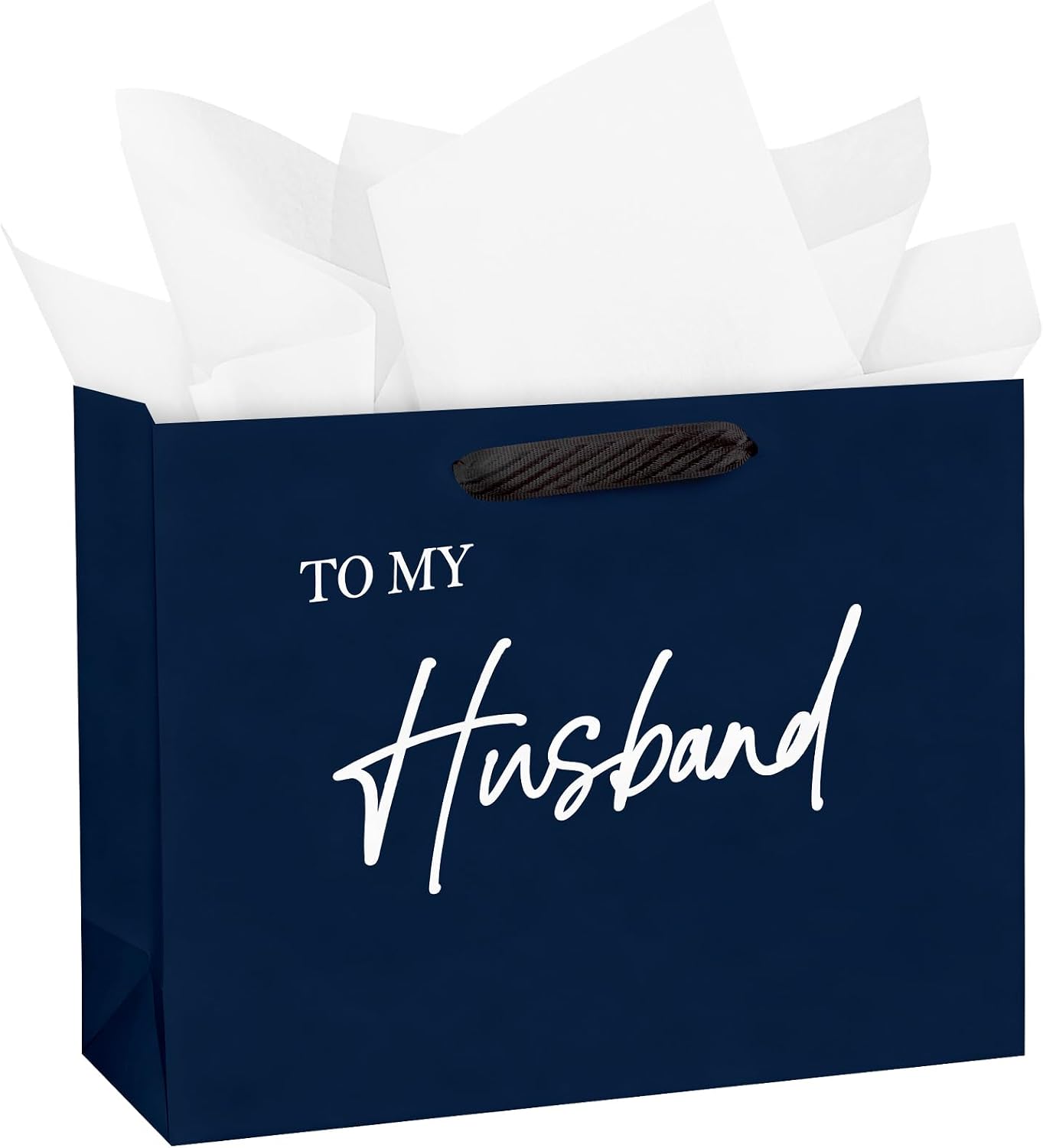 WRAPAHOLIC 13" Large Husband Birthday Gift Bag with Tissue Paper - Navy Blue to My Husband Lettering Paper Bags for Men, Husband Birthday and Valentine's Day