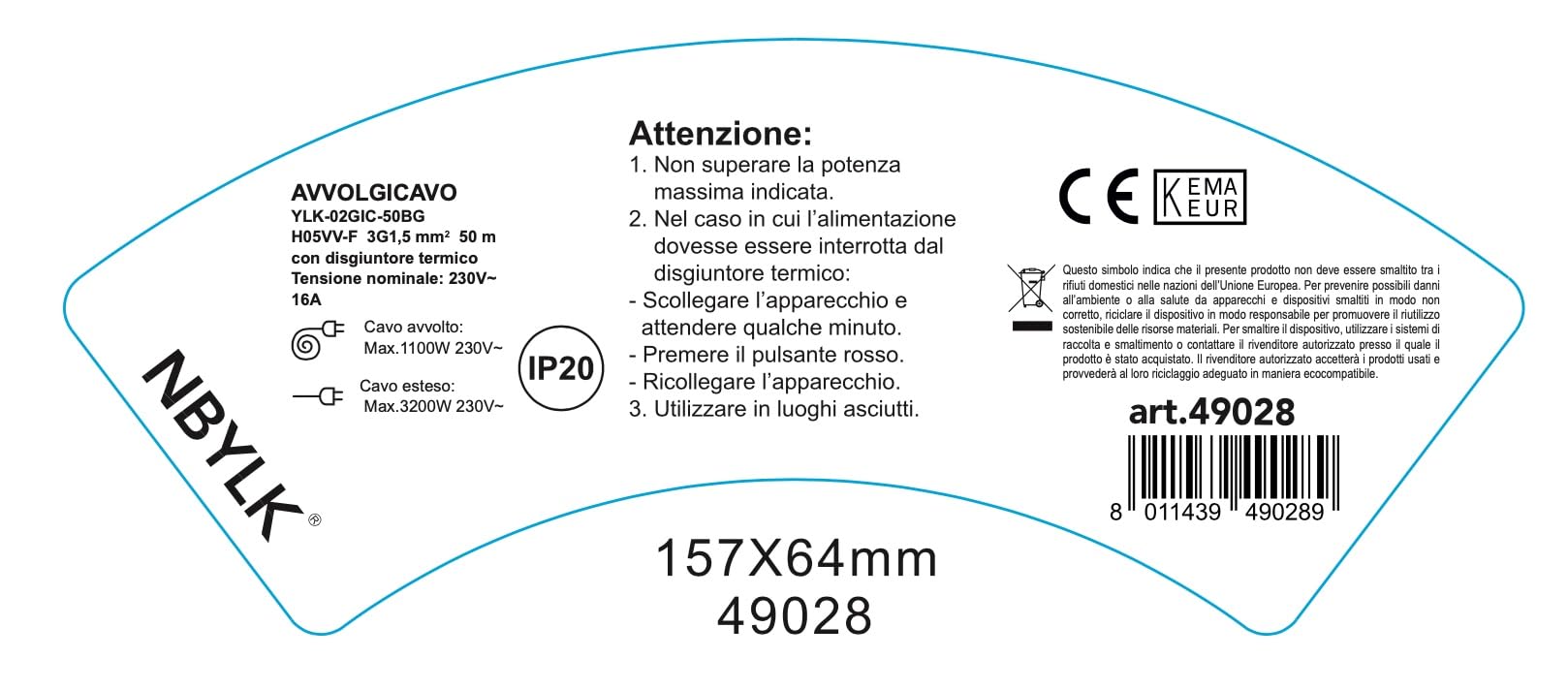 Electraline 49028 Prolunga elettrica con avvolgicavo, 50 m, 4 prese polivalenti (schuko + 10/16A) spina grande 16A, max 3200W, con protezione, nero