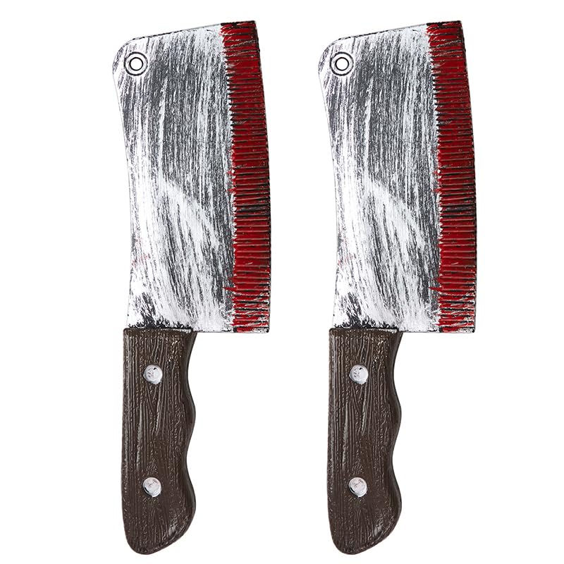 UltraByEasyPeasyStore Ultra Halloween Bloodied Fake Cleaver Fancy Dress Accessory 30cm Long Slasher Prop Knife with Fake Blood Chopping Plastic Novelty (2 Cleavers)