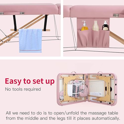 Miniatura 6 de BestMassage Mesa de masaje de 2 pliegues, cama de masaje portátil de 28 pulgadas de ancho, mesa de spa de poliuretano de altura ajustable, cama de