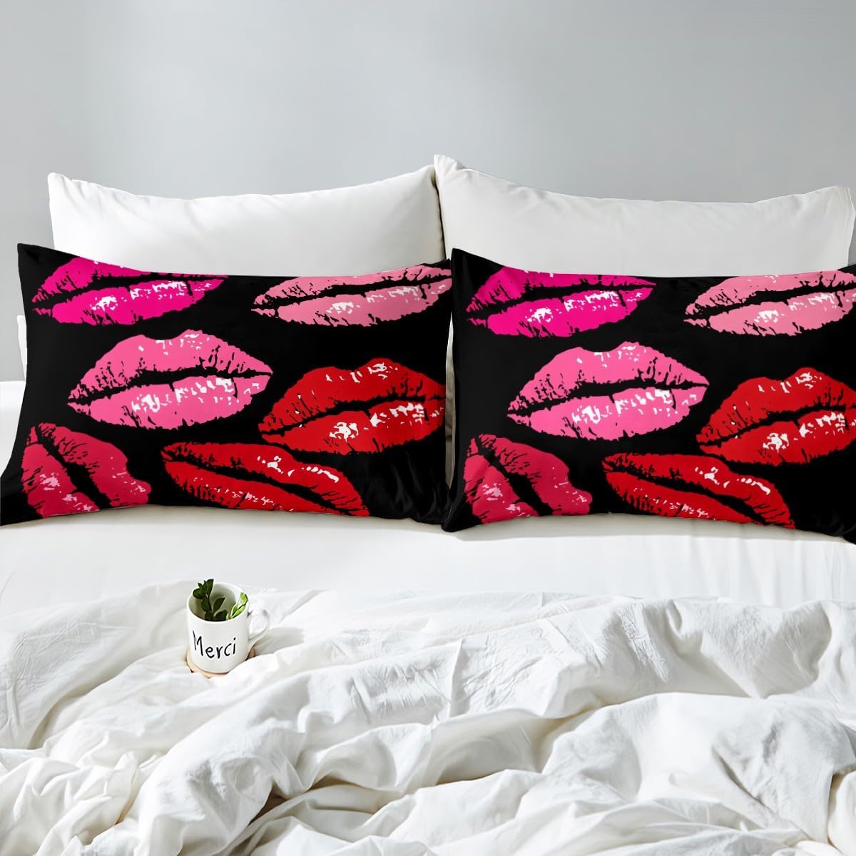 Feelyou Sexy Kiss Bedding Set Feminine Red Lips Duvet Cover Set for Girls Women Lipstick Print Comforter Cover Sexy Lip Print Stylish Lady Quilt Cover Bedroom Collection 3Pcs Queen Size