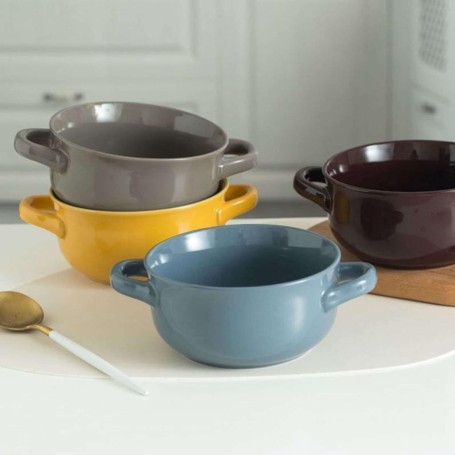 Miski do zupy z uchwytami Naczynia kuchenne, naczynia stołowe, porcelana, ceramiczna miska na zupę, makaron, duże ceramiczne miski na zupę z podwójnym uchwytem, ​​30 uncji, porcelanowe miski do serwow
