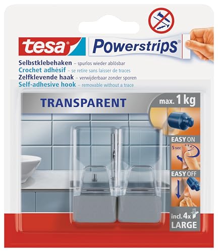 tesa Powerstrips bis 1 kg Transparent 2 x 5 cm + 4 Tabs LARGE Transparent/Chrom