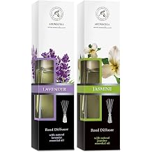 Reed Diffuser w/Lavender Oil 3.4 Fl Oz & Jasmine Reed Diffuser 3.4 Fl Oz - Fresh & Long Lasting Fragrance - Scented Reed Diffuser - Gift w/Bamboo Sticks - Good for Aromatherapy - SPA - Fitness