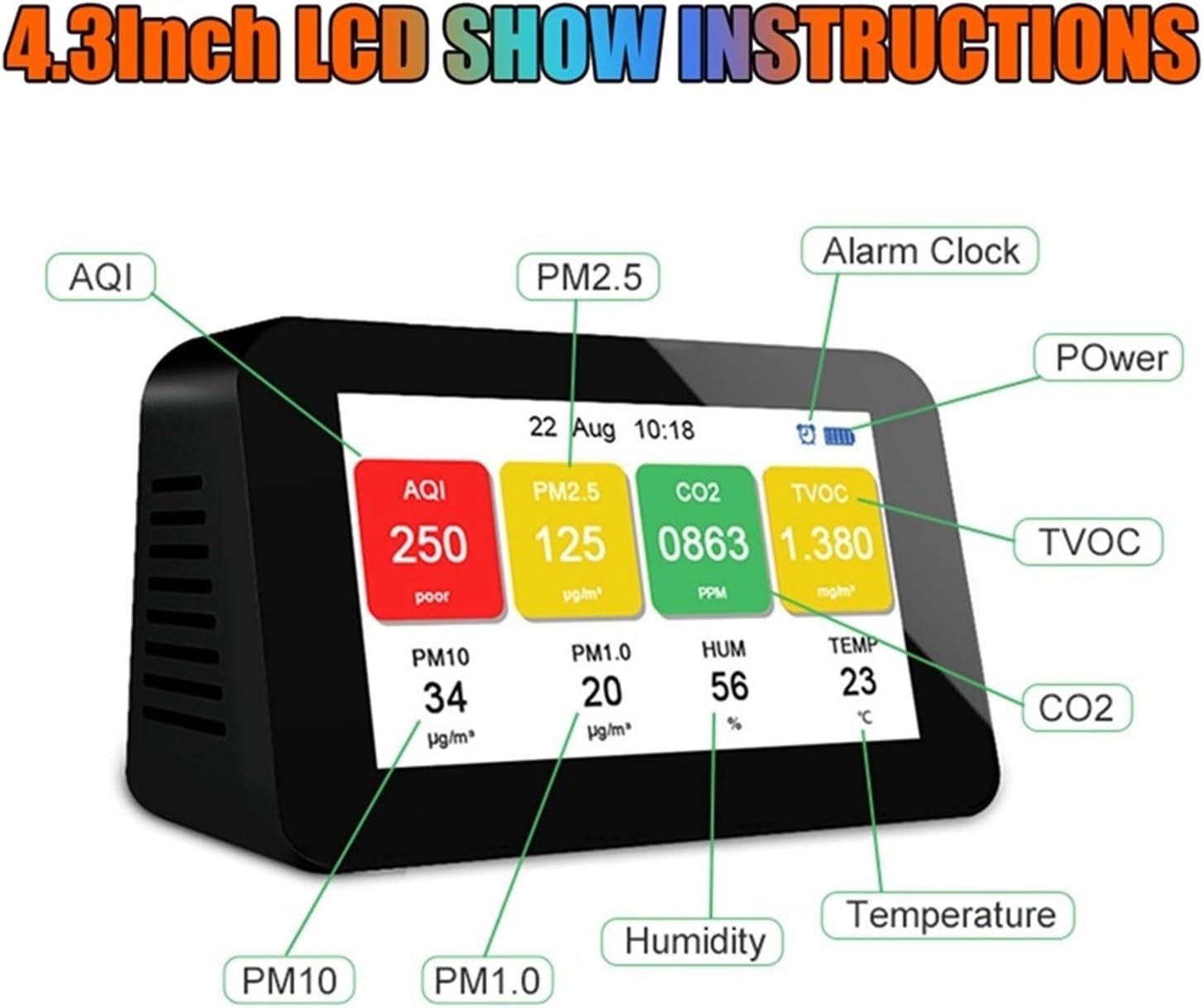 Gas Leak Detector 4.3Inch LCD 8-in-1 Air Quality Monitor Gas Detector PM2.5 PM1.0 PM10 TVOC Particle CO2 Meter Temp Humidity Tester Alarm Clock