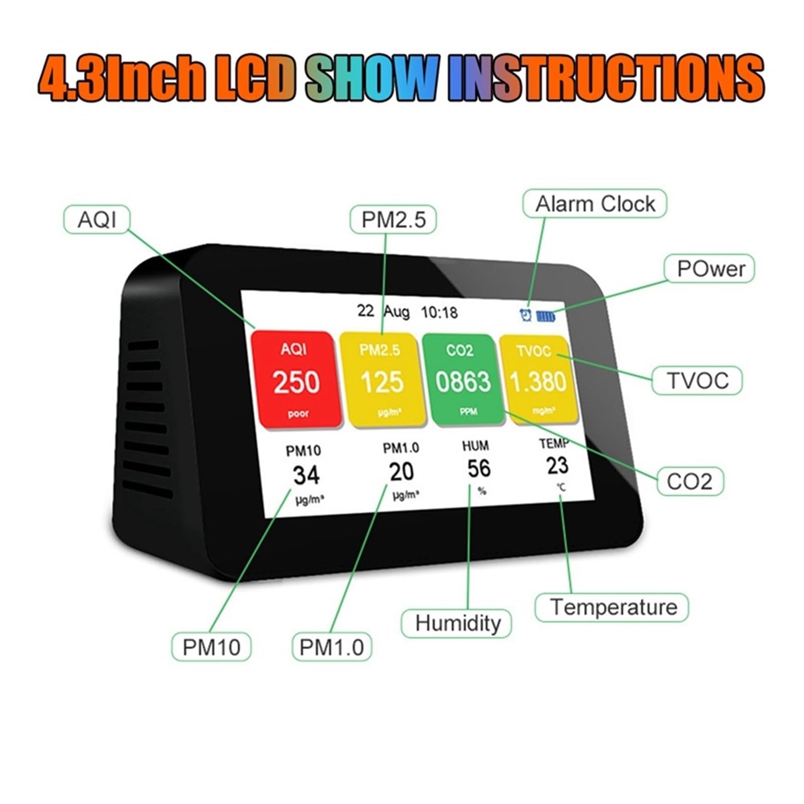 4,3-calowy monitor jakości powietrza LCD Detektor gazu PM2,5 PM1,0 PM10 TVOC Cząstki CO2 Miernik temperatury Tester wilgotności Budzik do domu, hotelu