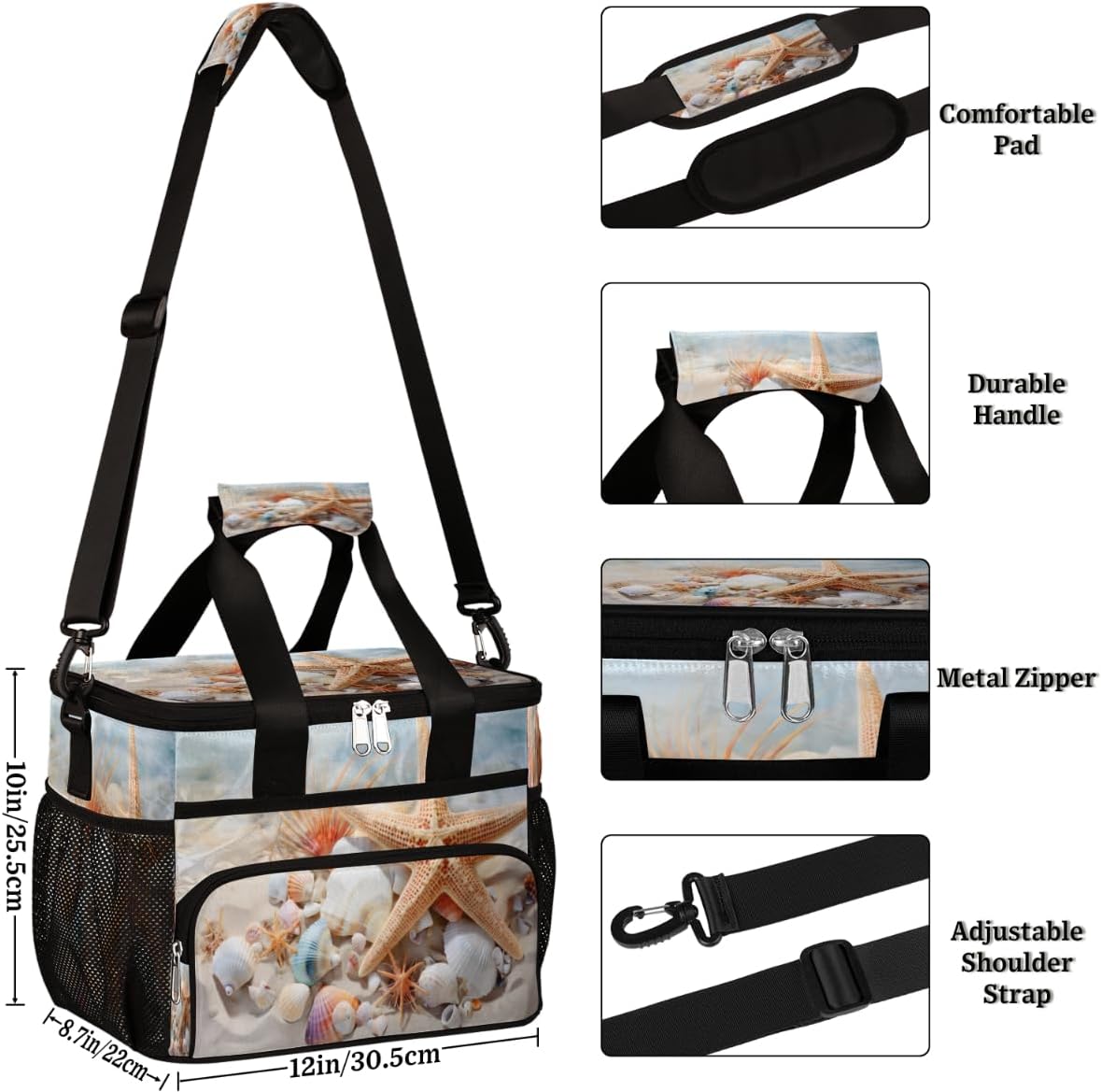Coral and Starfishes Insulated Picnic Backpack Lunch Box for Women Men Picnic Basket Tote Lunch Bag Picnic Bag Portable Lunch Bags for Picnic, Beach, Work, Trip,Office, Camp Seashells